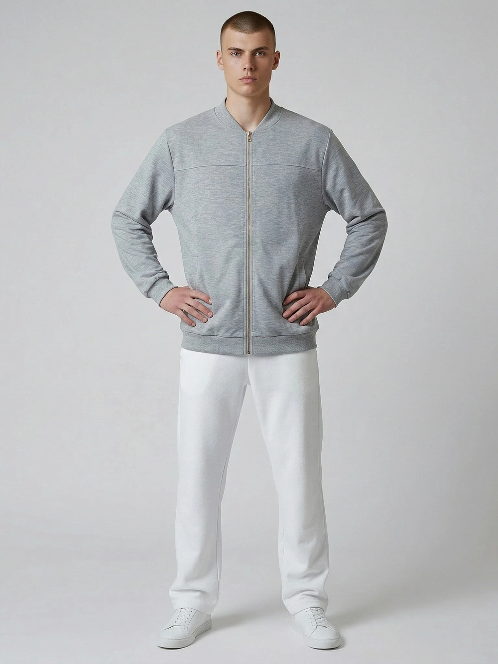 Men's Gray Zip Bomber Jacket with Gold Zipper